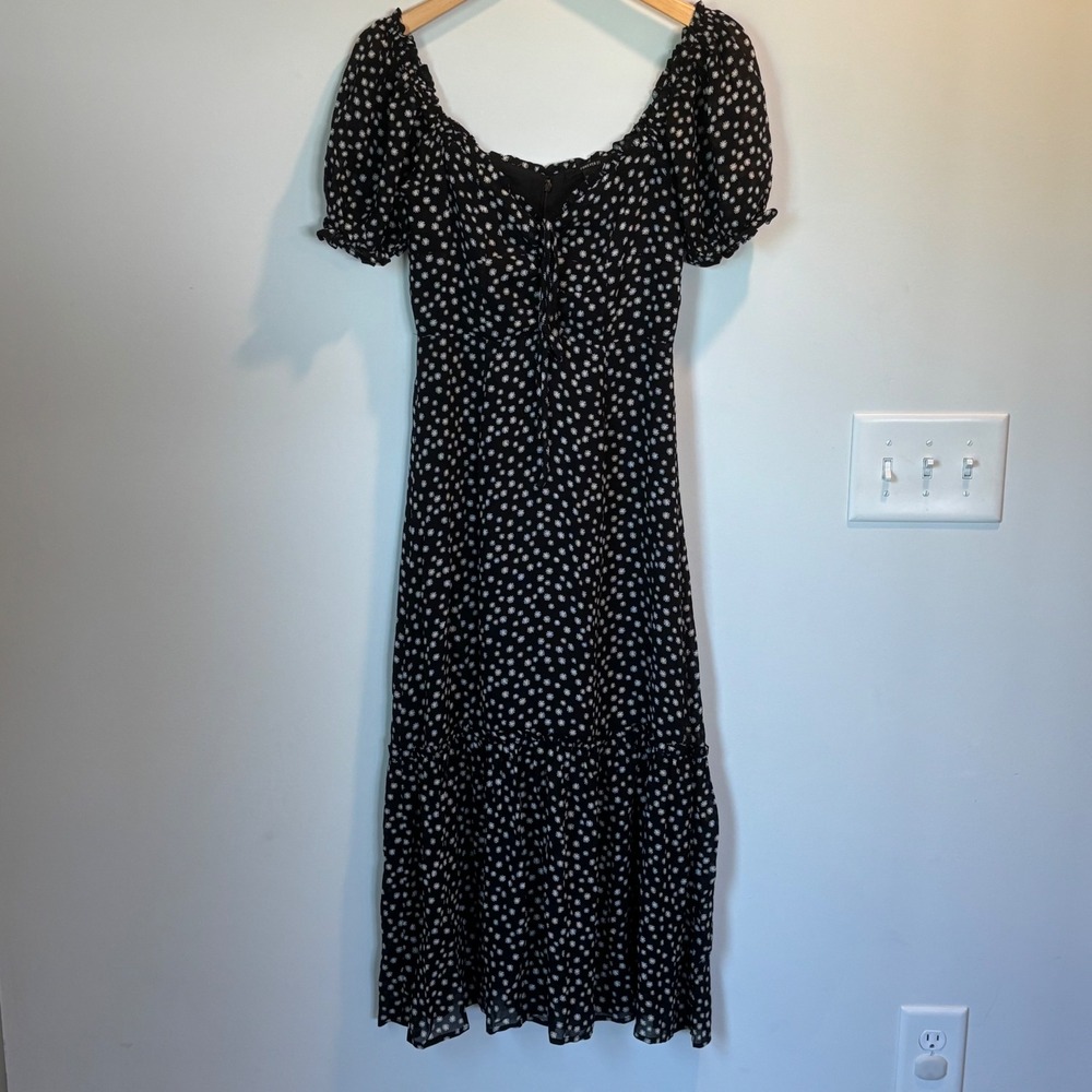 Forever 21 Women's Daisy Print Midi Dress Tie Front Short Sleeve Black‎ Size S